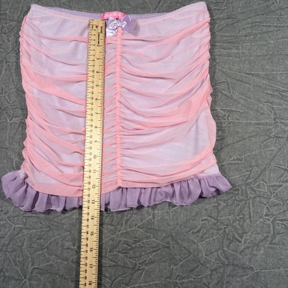Sugar Thrillz Pastel Ruched Mesh Mini Skirt Womens M Pink Purple Satin Bow Y2K